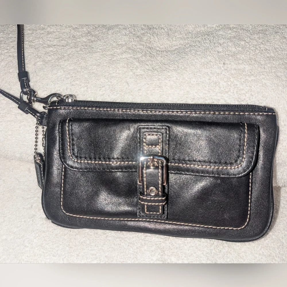 Coach Black and Silver Leather Wristlet Clutch